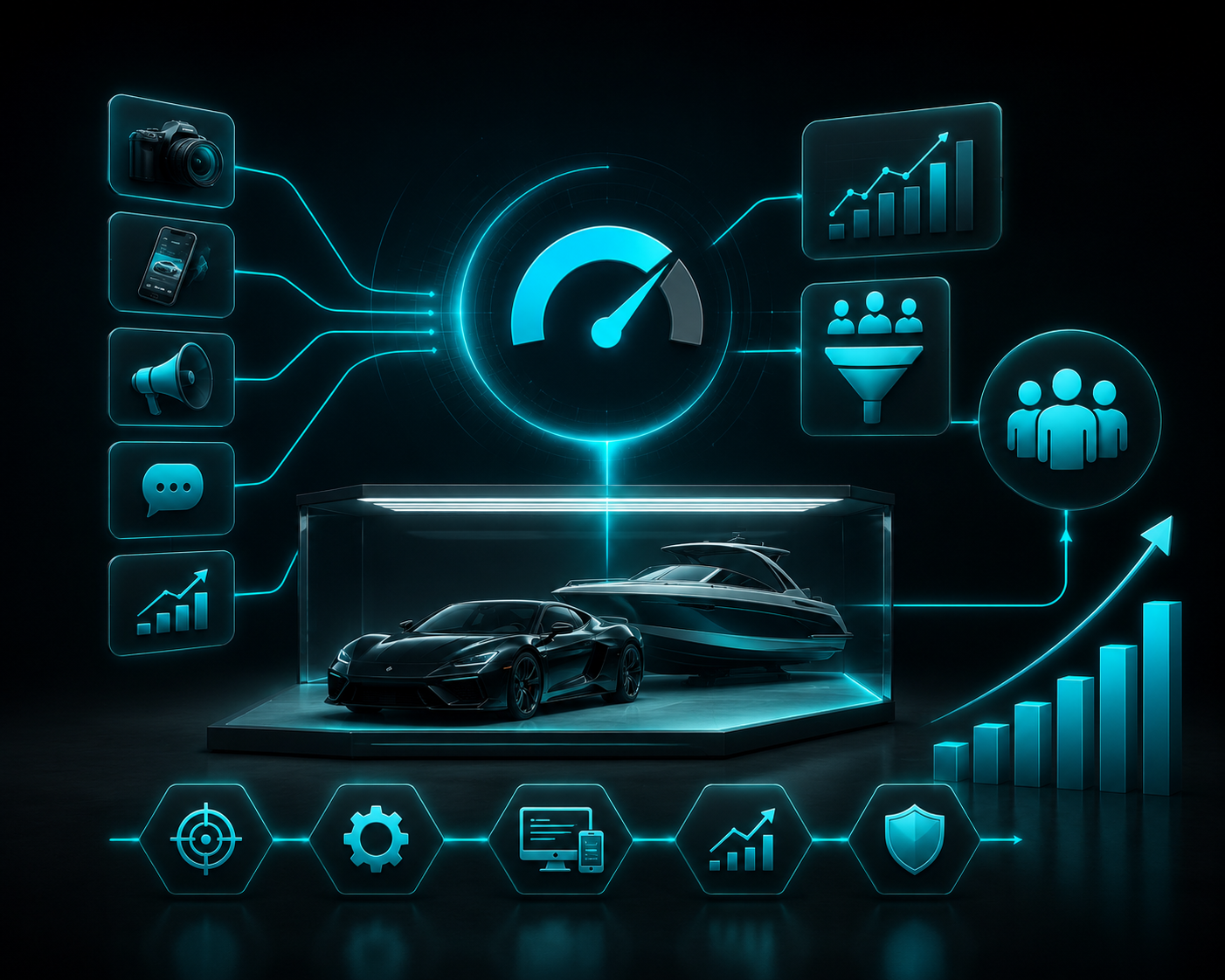 Carbon Auto Marketing services visualization - luxury car and boat with marketing icons including photography, analytics, social media, and lead generation
